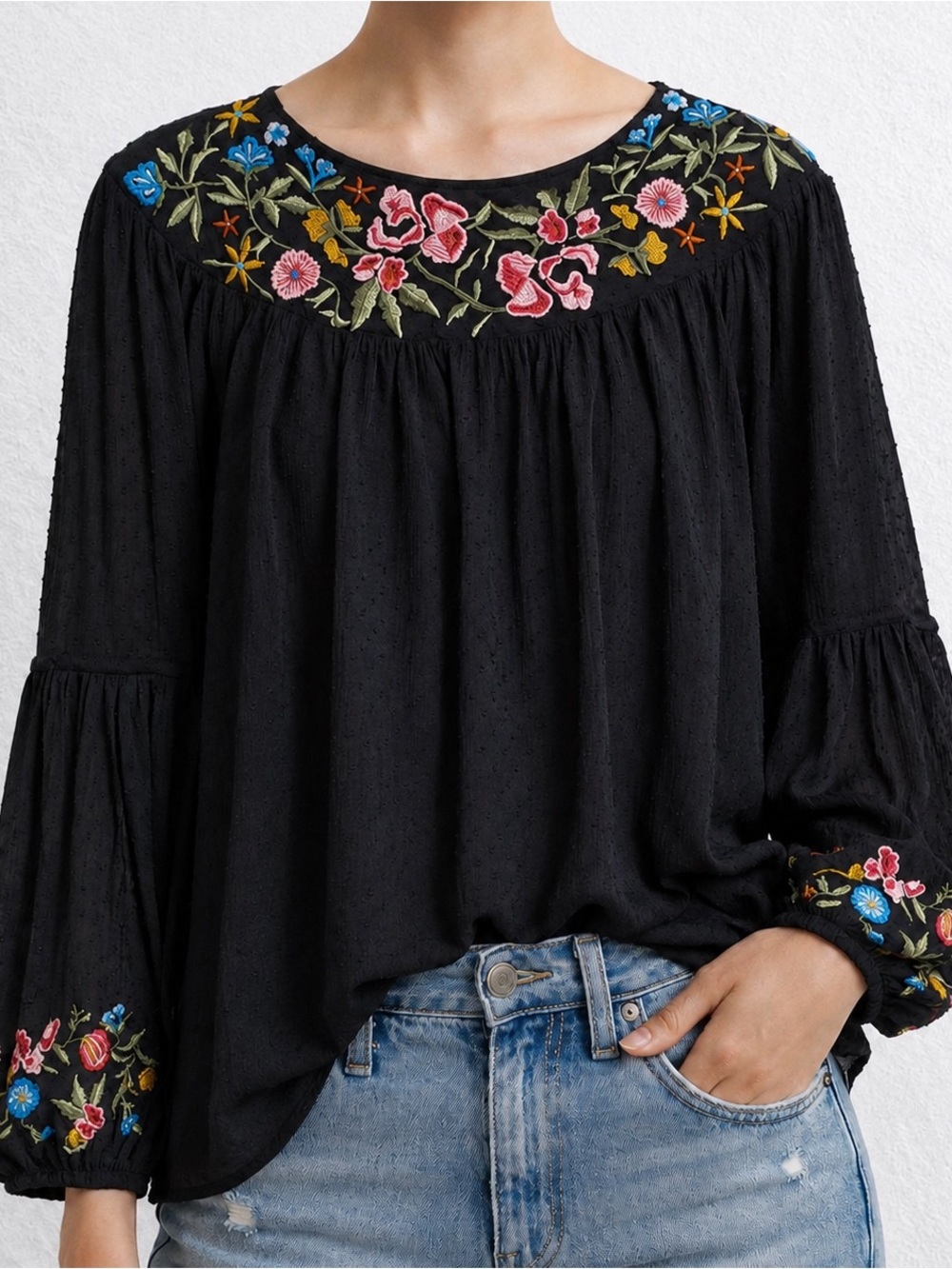 Zara Floral Embroidered Peasant Blouse